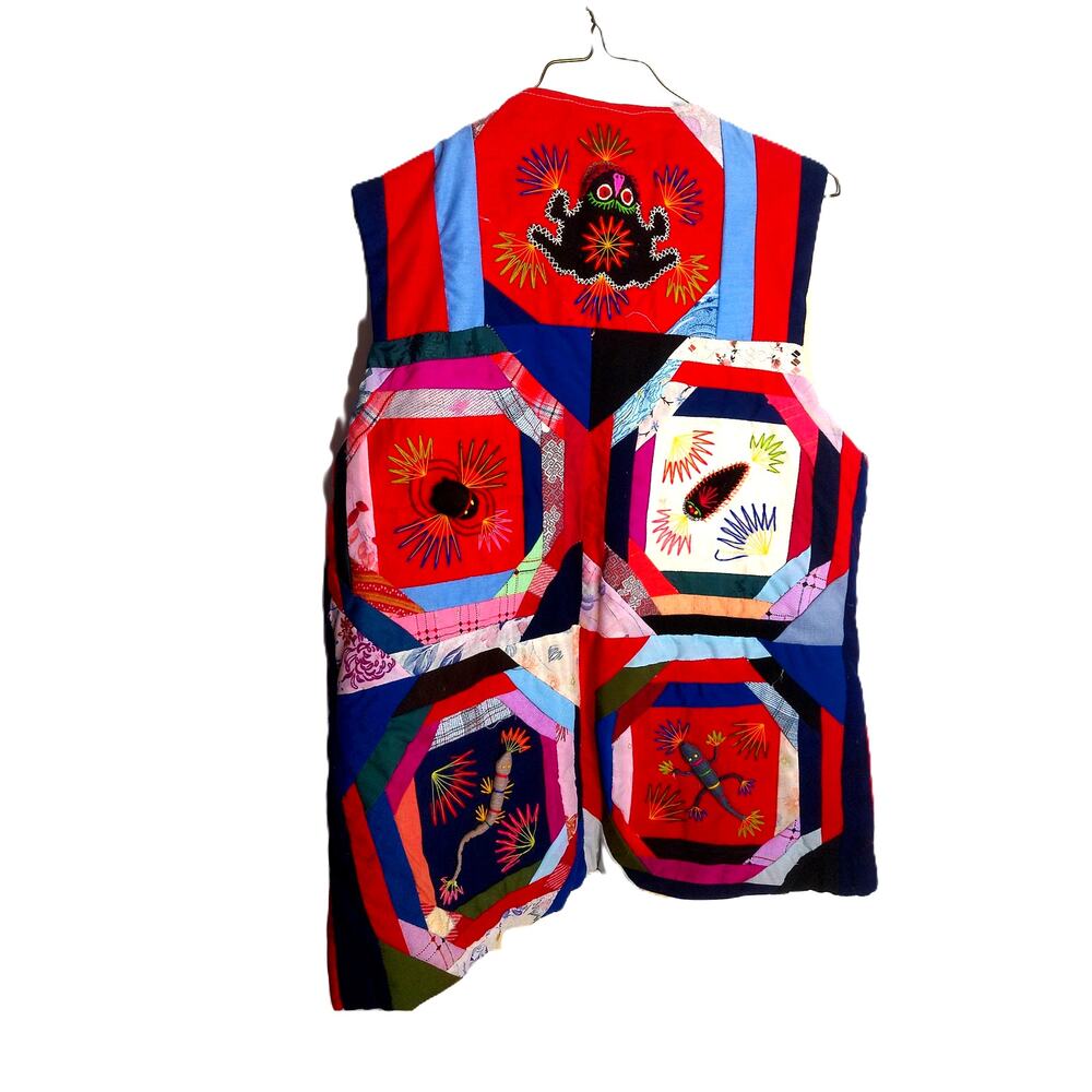 Vtg Artisan Folk Art Patchwork Quilt Vest 3D Applique Boho Maximalist
